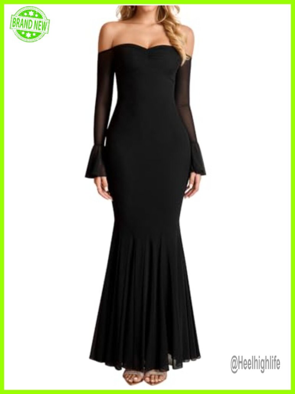 Off Shoulder Bodycon Maxi Dress Sheer Long Sleeve Mermaid Formal Wedding Guest
